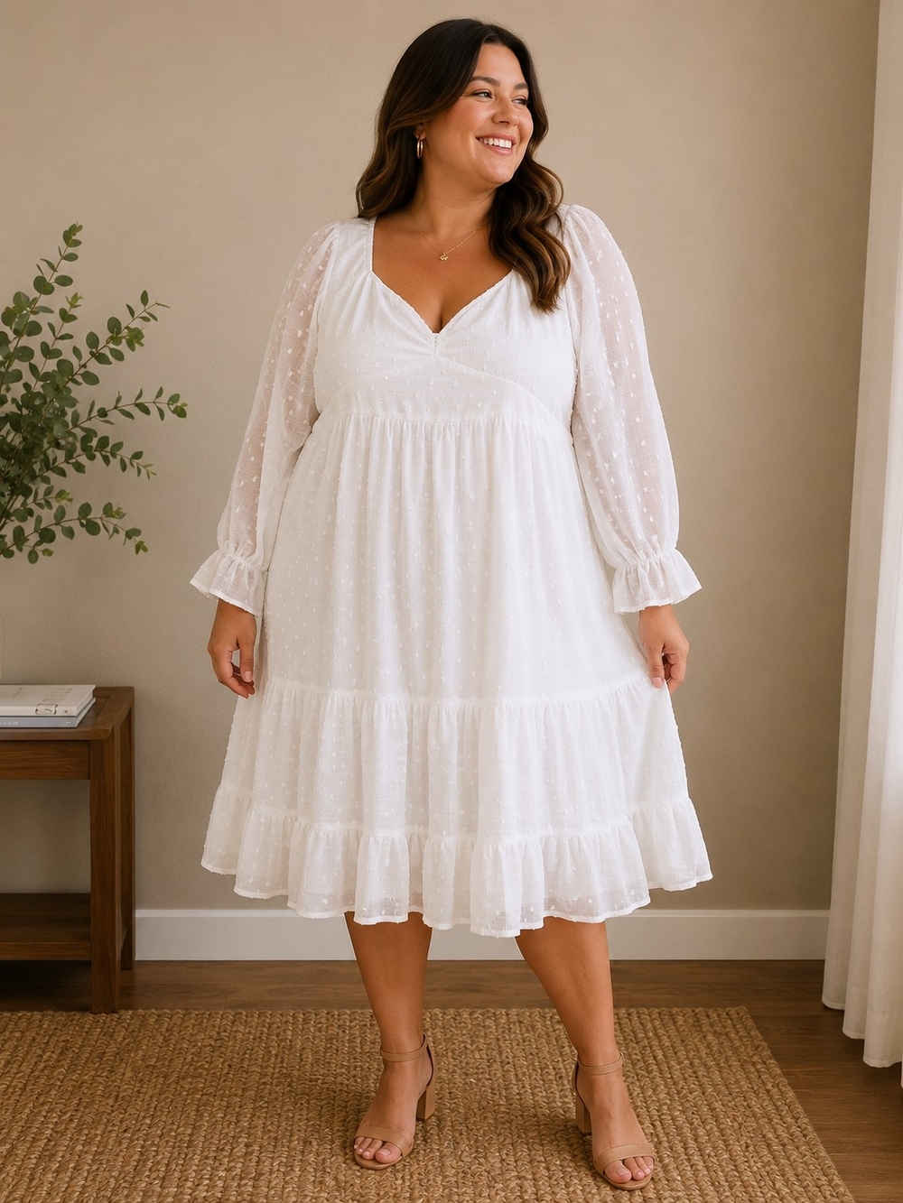 ARULA White Swiss Dot Tiered Midi Dress